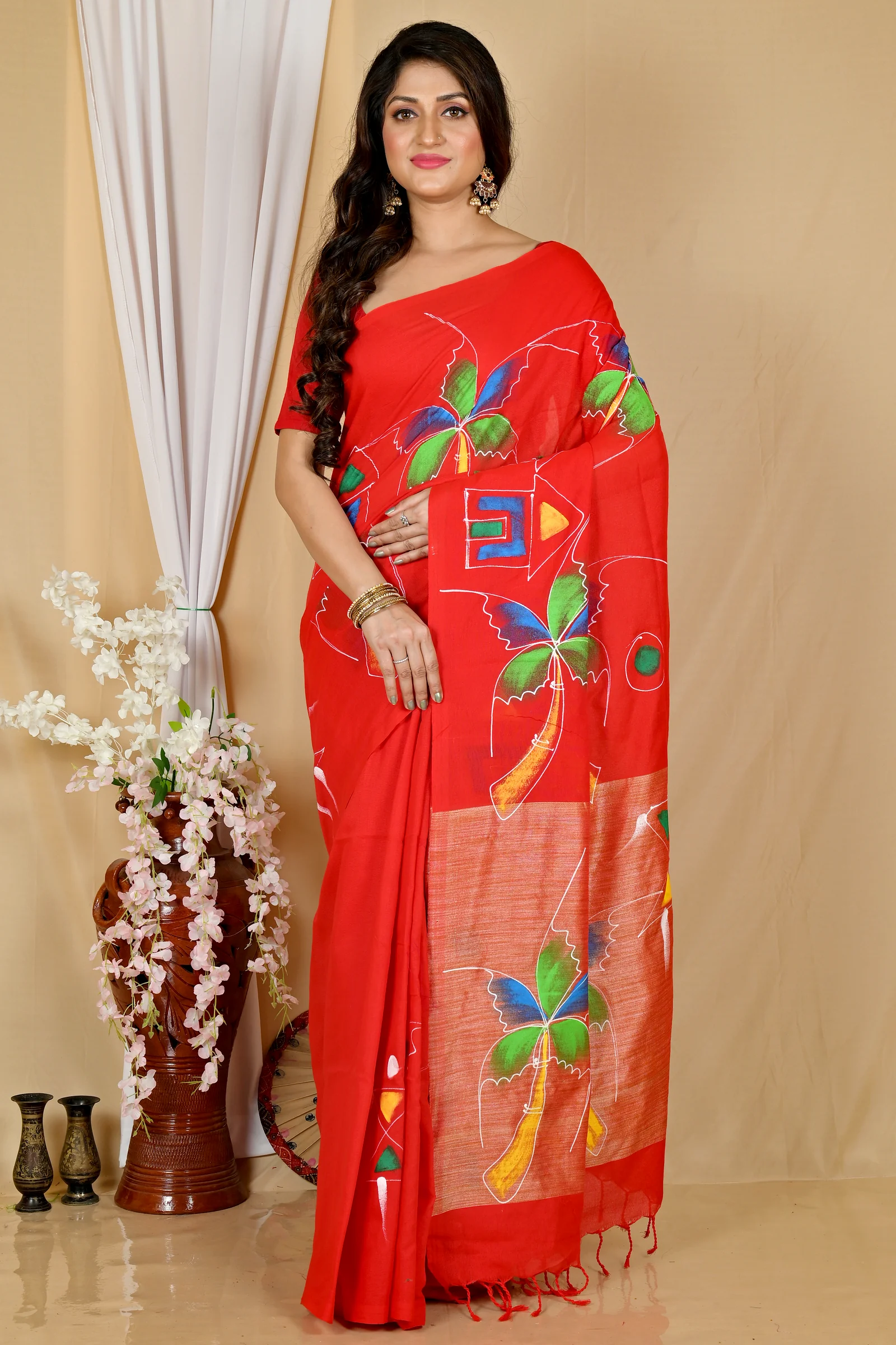 Red Pure Cotton Keshaka Hand Painted Saree (1984)