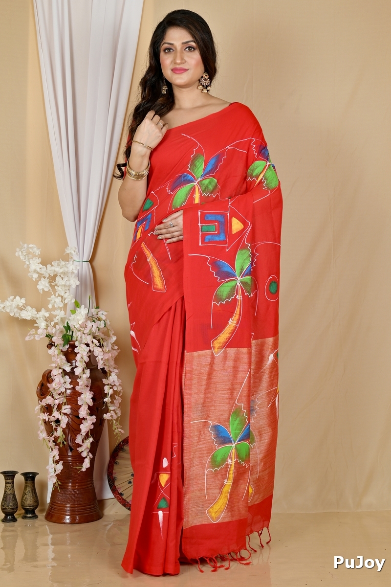 Red Pure Cotton Keshaka Hand Painted Saree (1984)