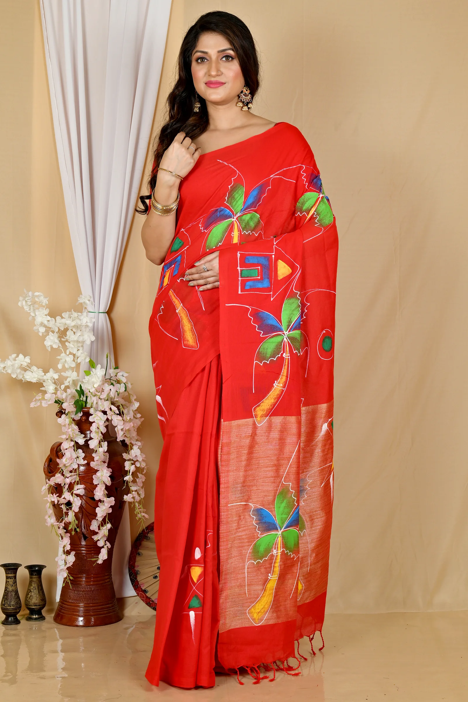 Red Pure Cotton Keshaka Hand Painted Saree (1984)