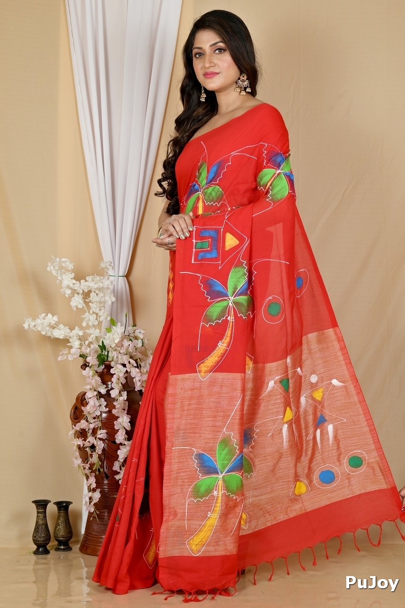 Red Pure Cotton Keshaka Hand Painted Saree (1984)
