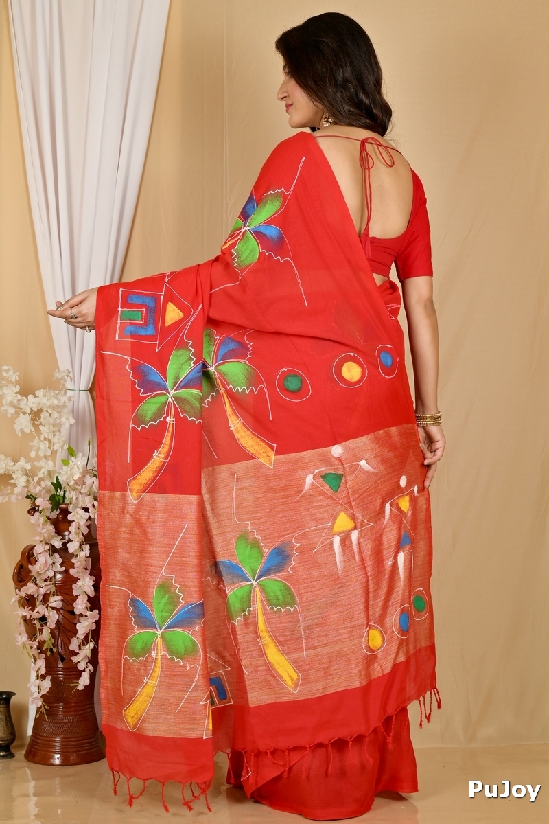Red Pure Cotton Keshaka Hand Painted Saree (1984)