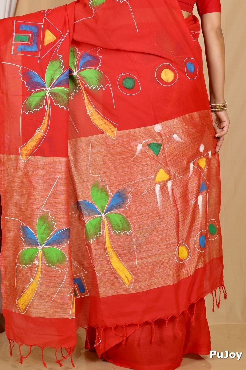 Red Pure Cotton Keshaka Hand Painted Saree (1984)