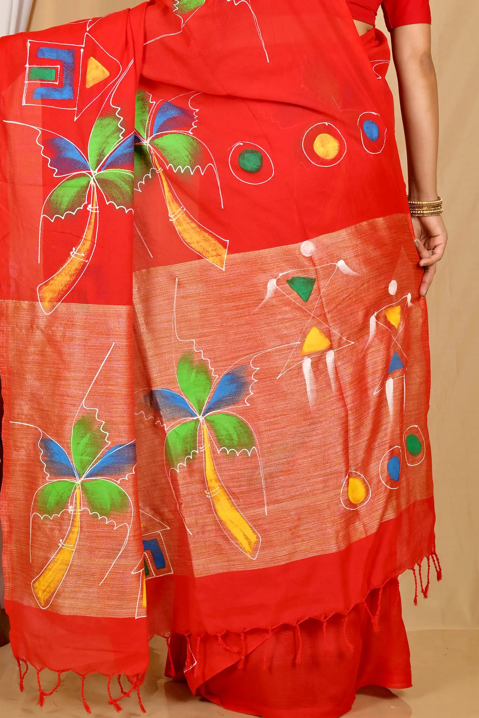 Red Pure Cotton Keshaka Hand Painted Saree (1984)