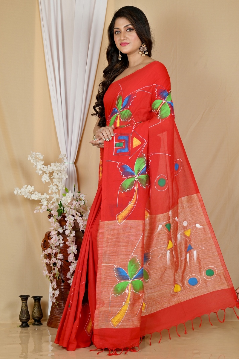 Red Pure Cotton Keshaka Hand Painted Saree (1984)