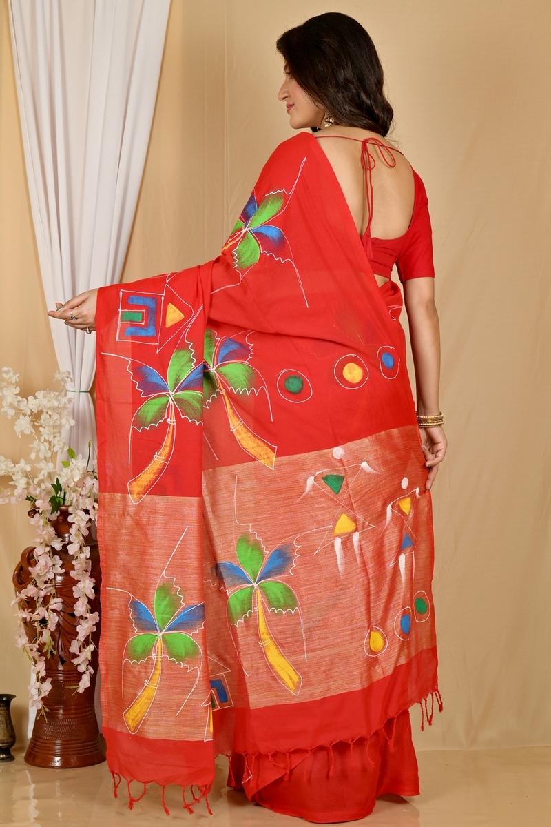 Red Pure Cotton Keshaka Hand Painted Saree (1984)
