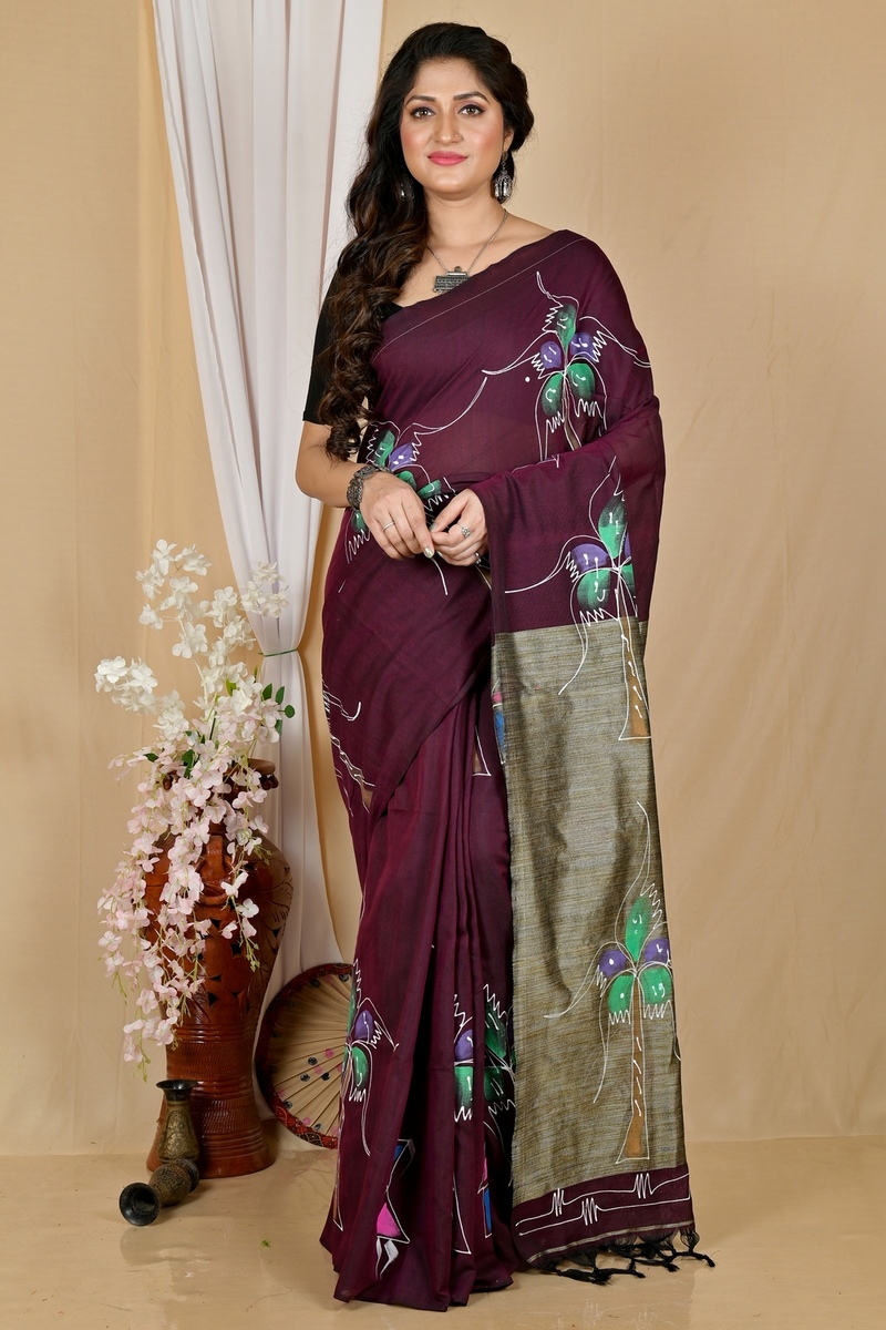 Drak Brown Pure Cotton Keshaka Hand Painted Saree (1986)