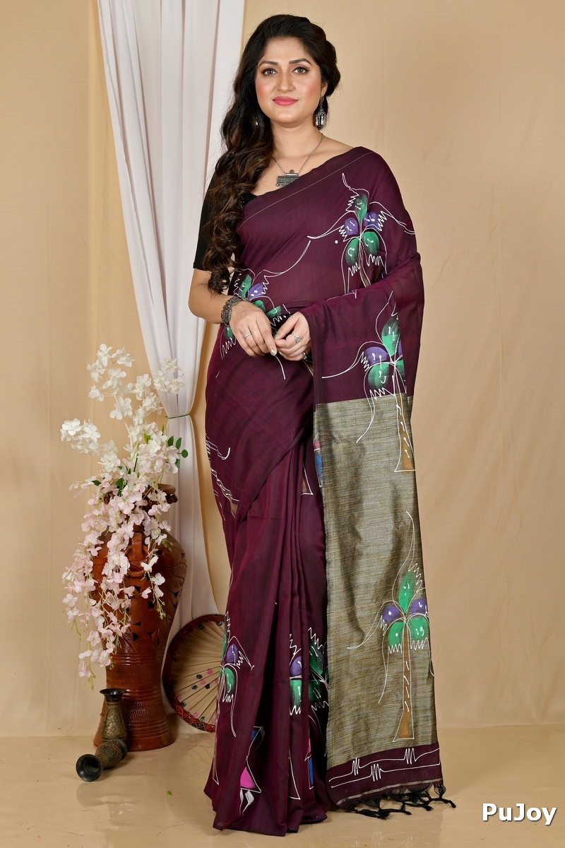 Drak Brown Pure Cotton Keshaka Hand Painted Saree (1986)