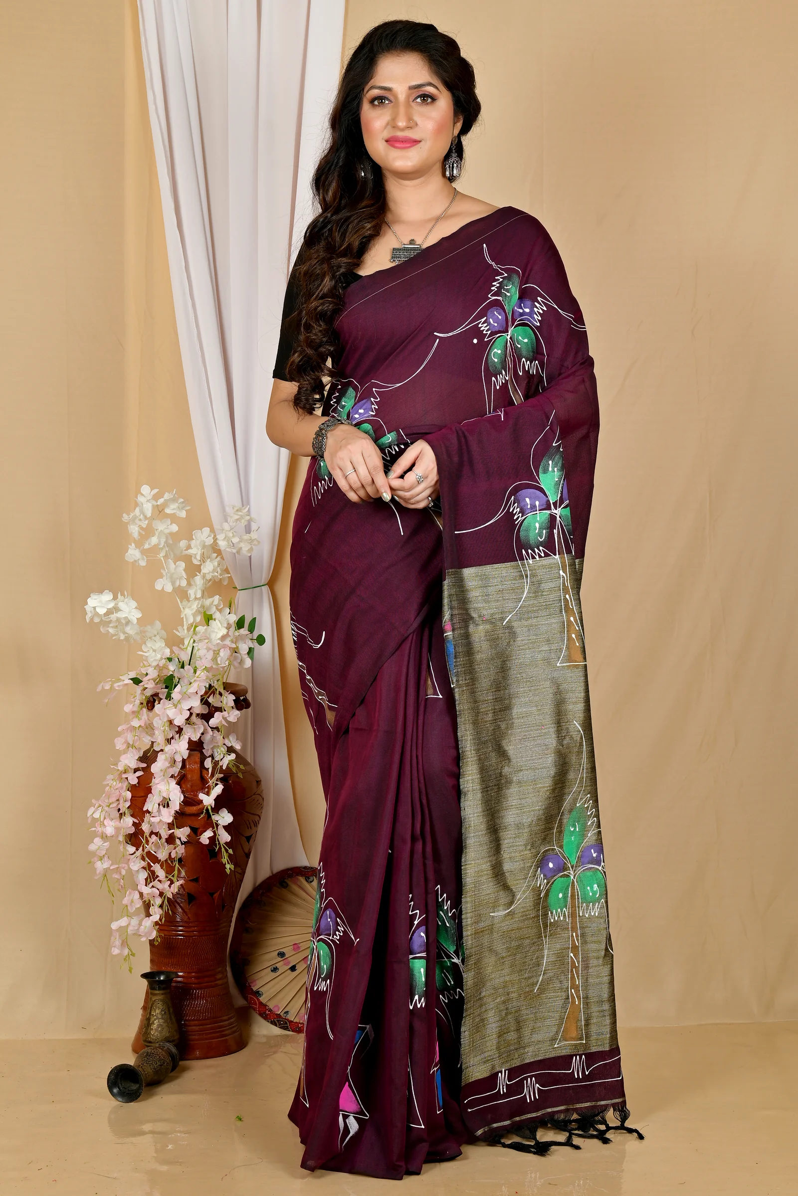 Drak Brown Pure Cotton Keshaka Hand Painted Saree (1986)