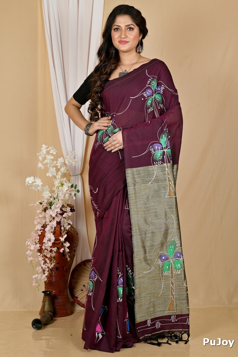 Drak Brown Pure Cotton Keshaka Hand Painted Saree (1986)