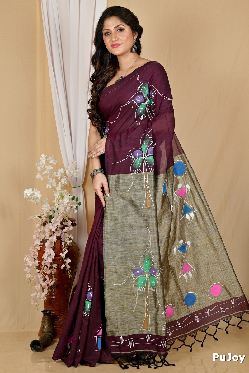 Drak Brown Pure Cotton Keshaka Hand Painted Saree (1986)
