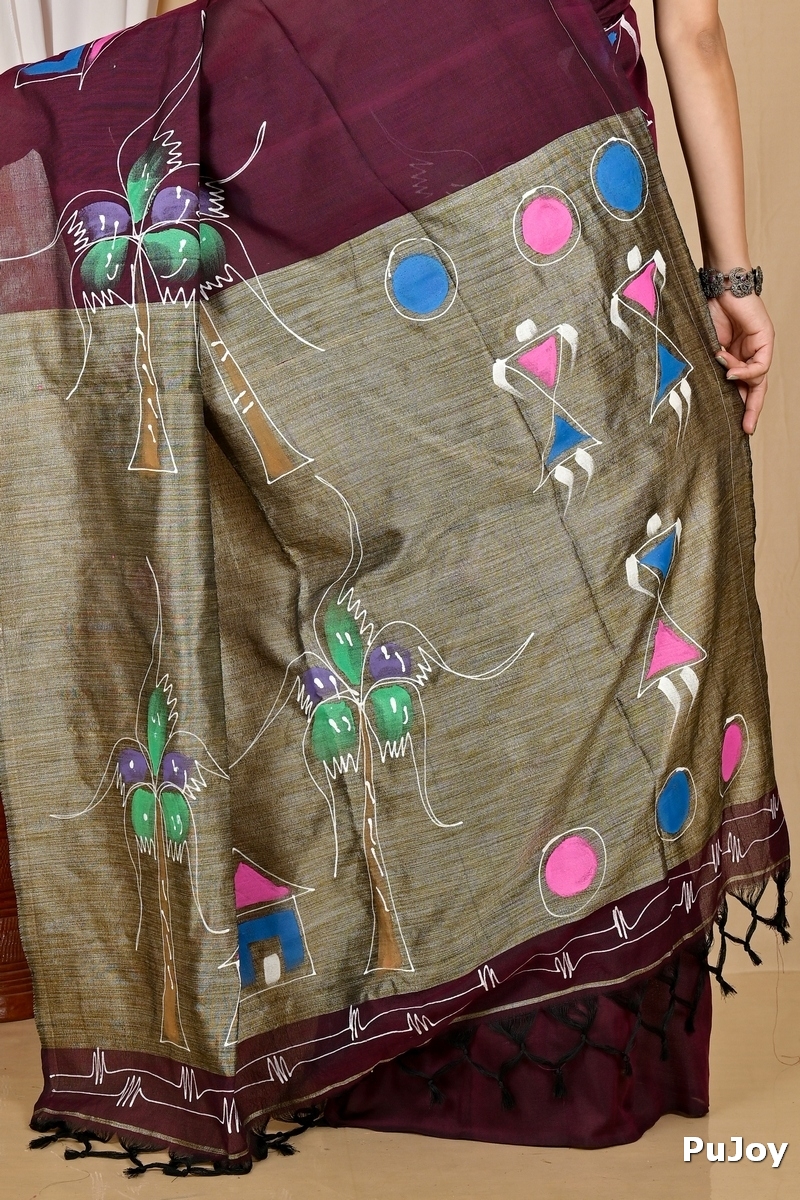 Drak Brown Pure Cotton Keshaka Hand Painted Saree (1986)