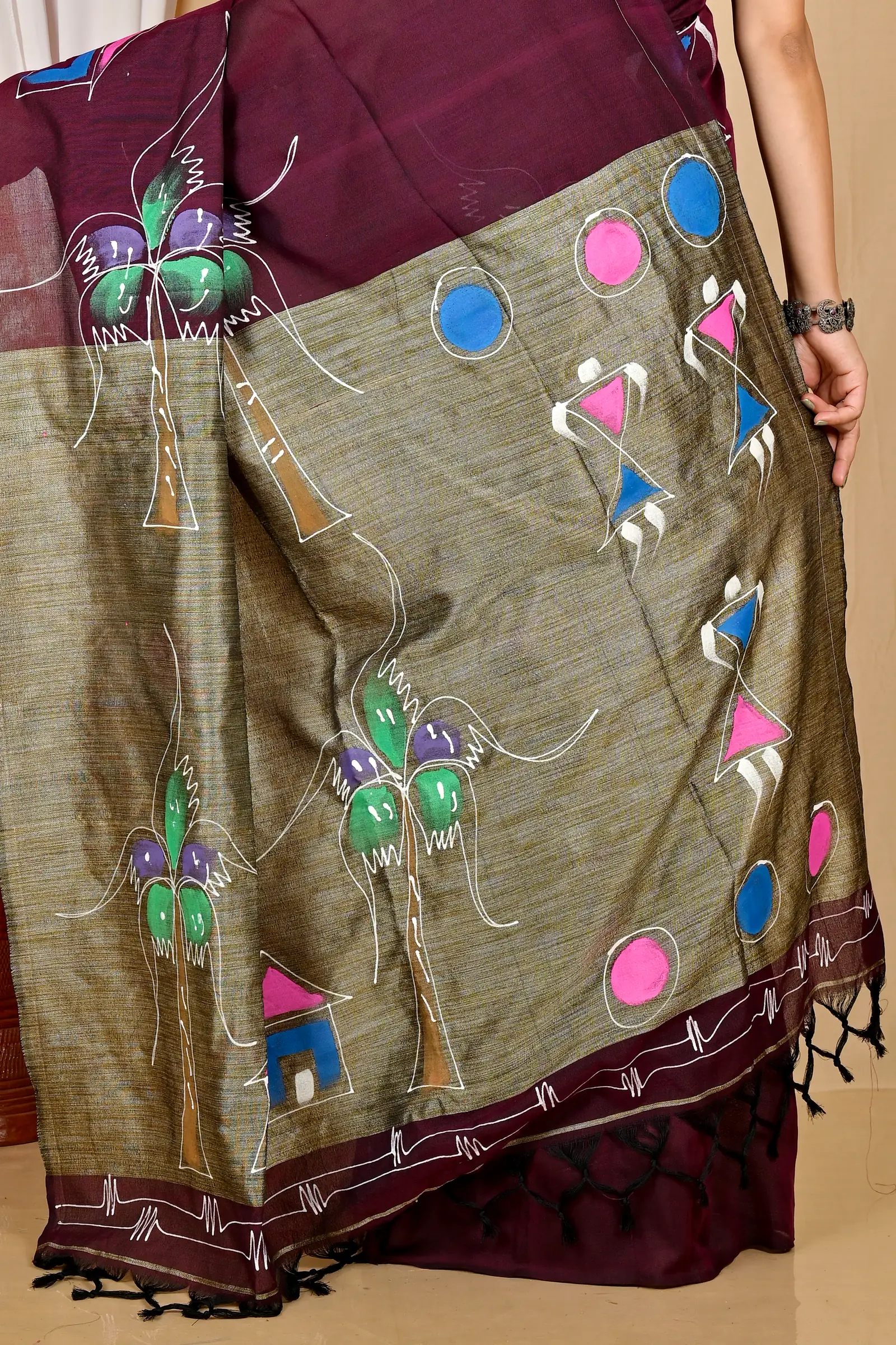Drak Brown Pure Cotton Keshaka Hand Painted Saree (1986)