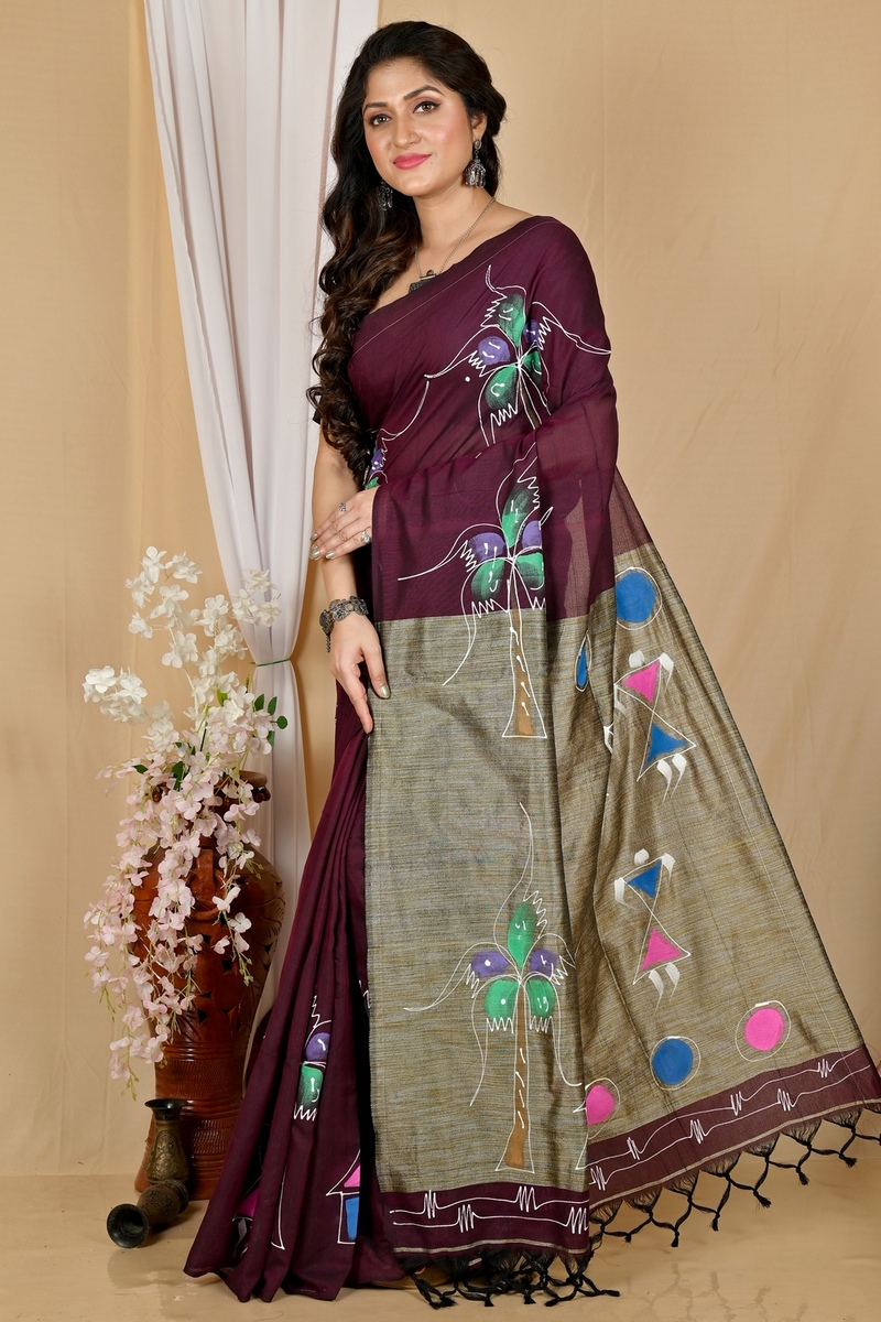 Drak Brown Pure Cotton Keshaka Hand Painted Saree (1986)