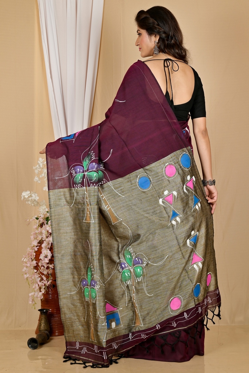 Drak Brown Pure Cotton Keshaka Hand Painted Saree (1986)