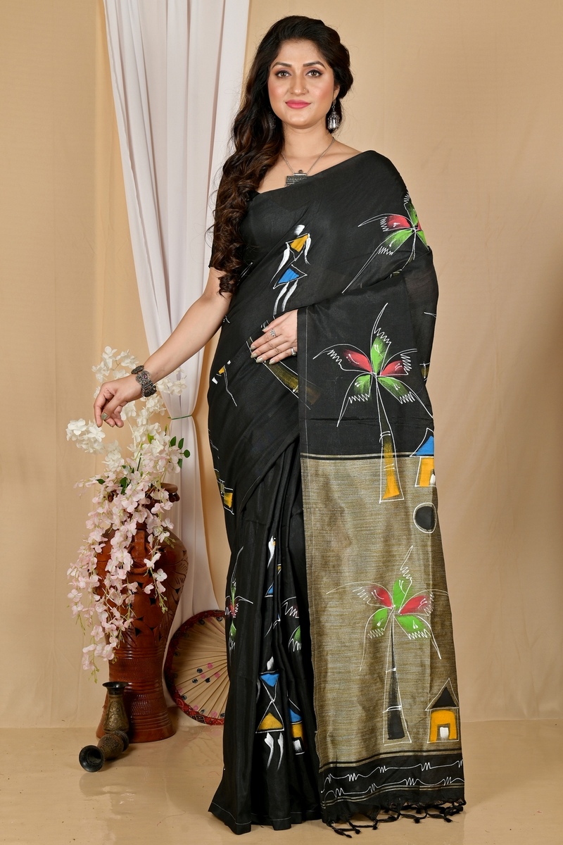 Black Pure Cotton Keshaka Hand Painted Saree (1987)