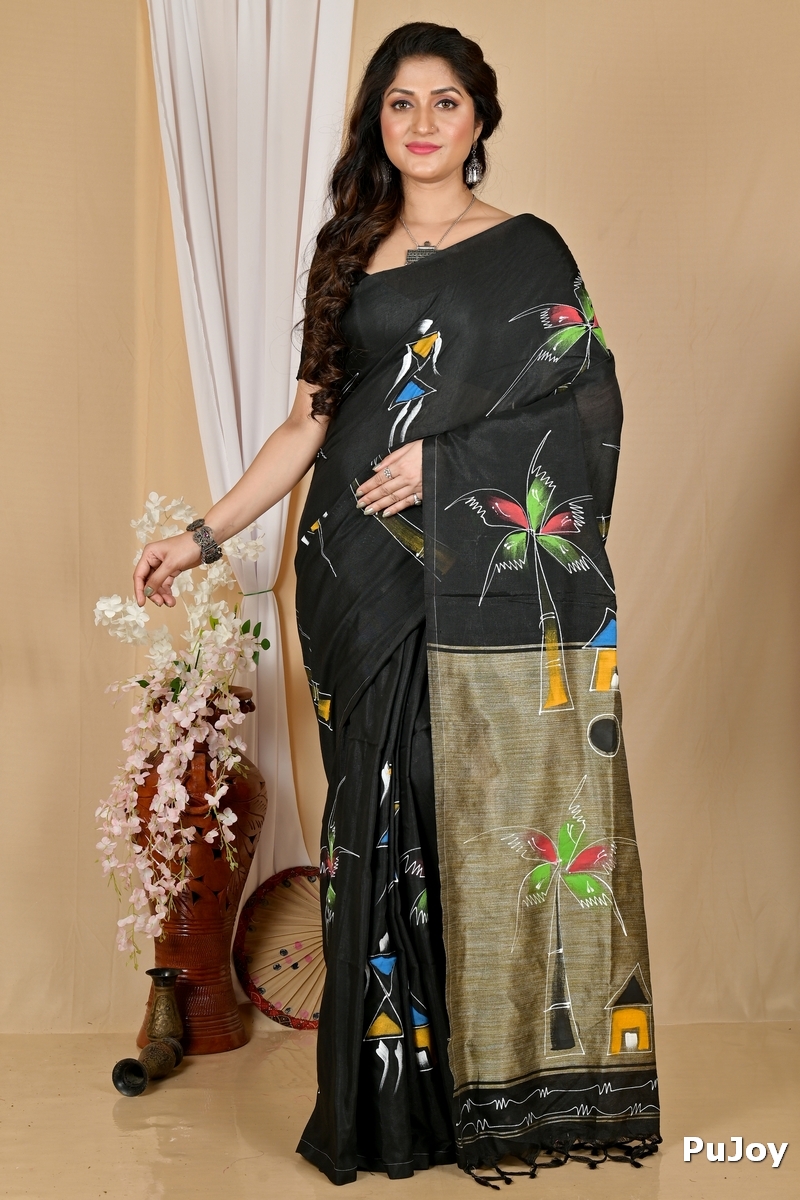 Black Pure Cotton Keshaka Hand Painted Saree (1987)