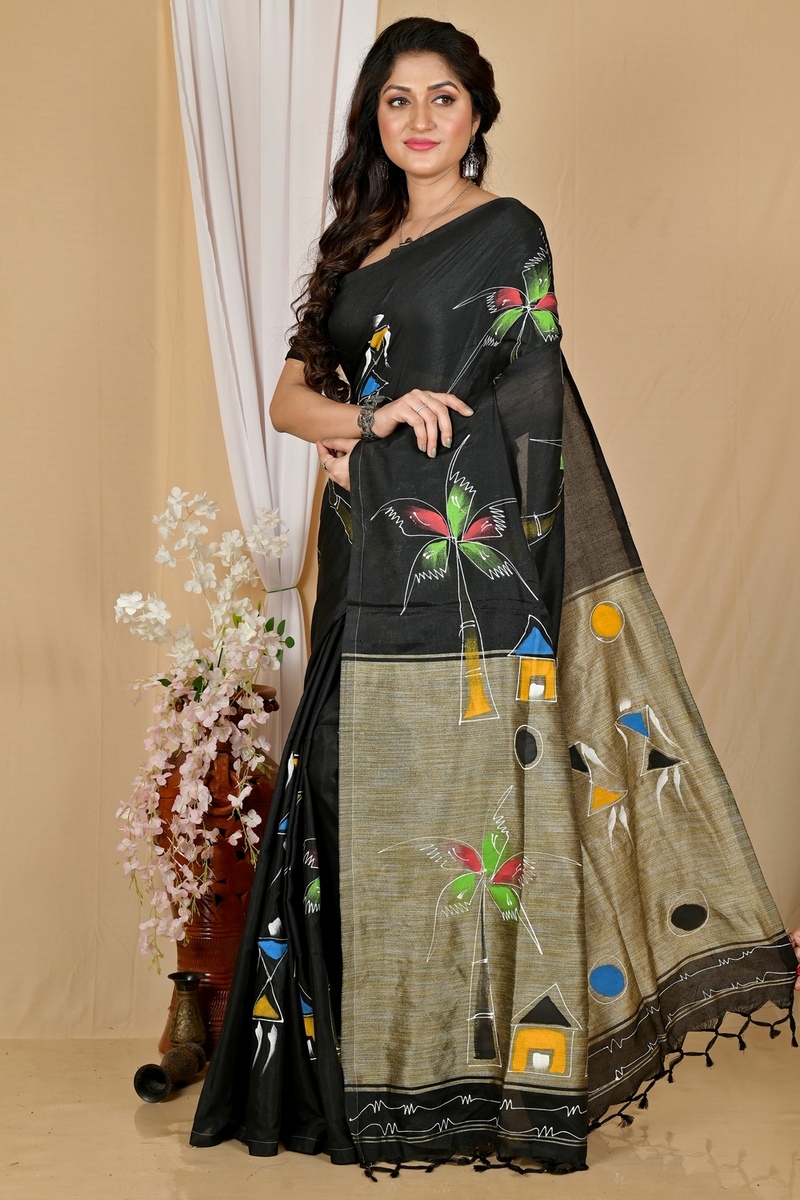 Black Pure Cotton Keshaka Hand Painted Saree (1987)