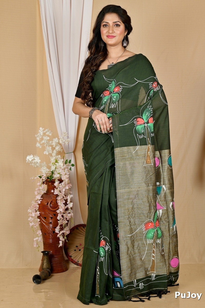 Dark Green Pure Cotton Keshaka Hand Painted Saree (1988)