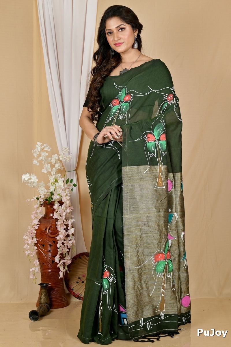 Dark Green Pure Cotton Keshaka Hand Painted Saree (1988)