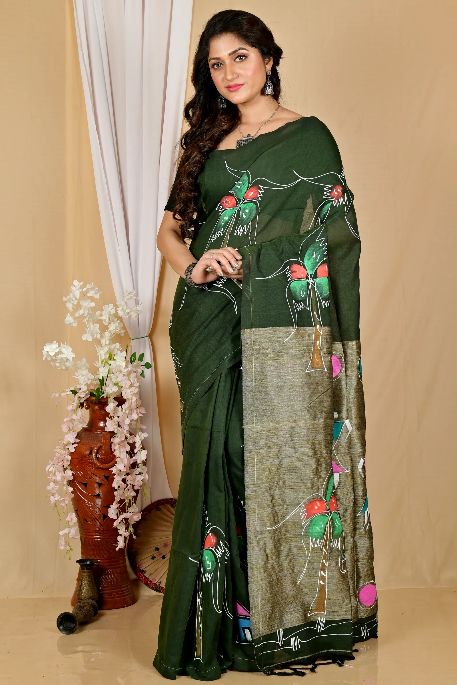 Dark Green Pure Cotton Keshaka Hand Painted Saree (1988)