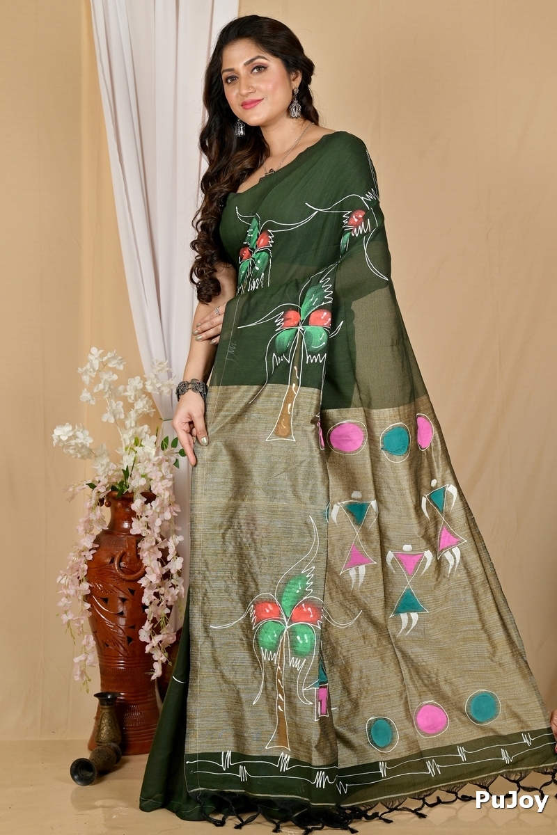 Dark Green Pure Cotton Keshaka Hand Painted Saree (1988)