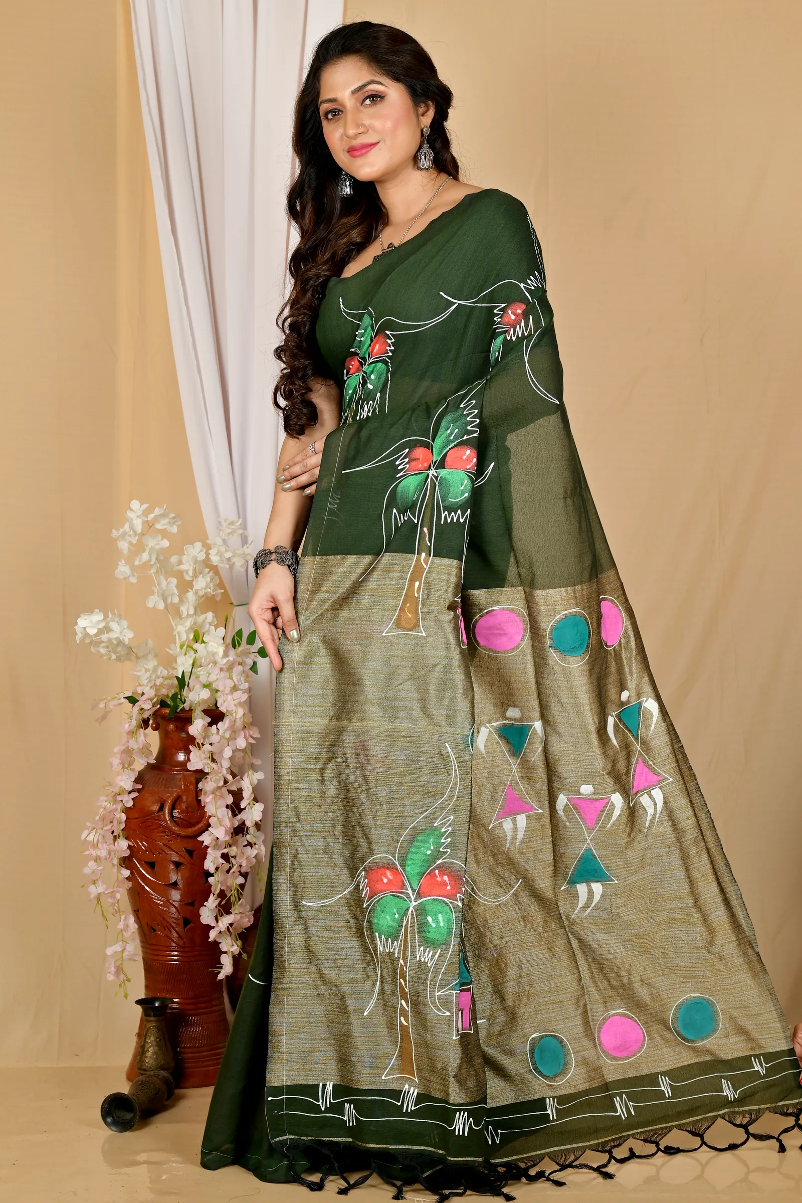 Dark Green Pure Cotton Keshaka Hand Painted Saree (1988)