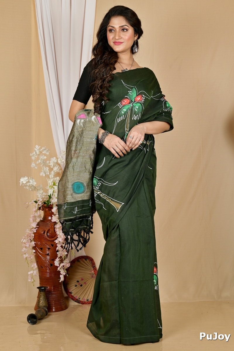 Dark Green Pure Cotton Keshaka Hand Painted Saree (1988)