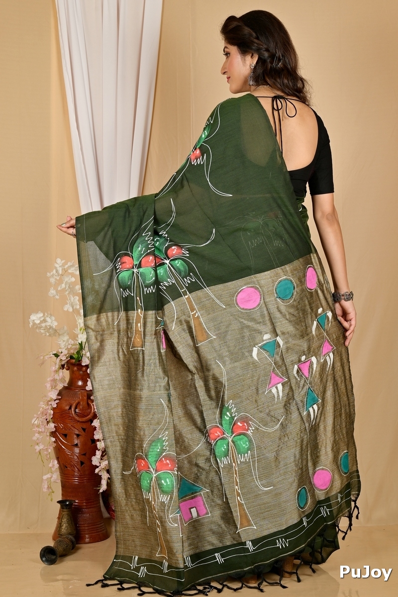 Dark Green Pure Cotton Keshaka Hand Painted Saree (1988)