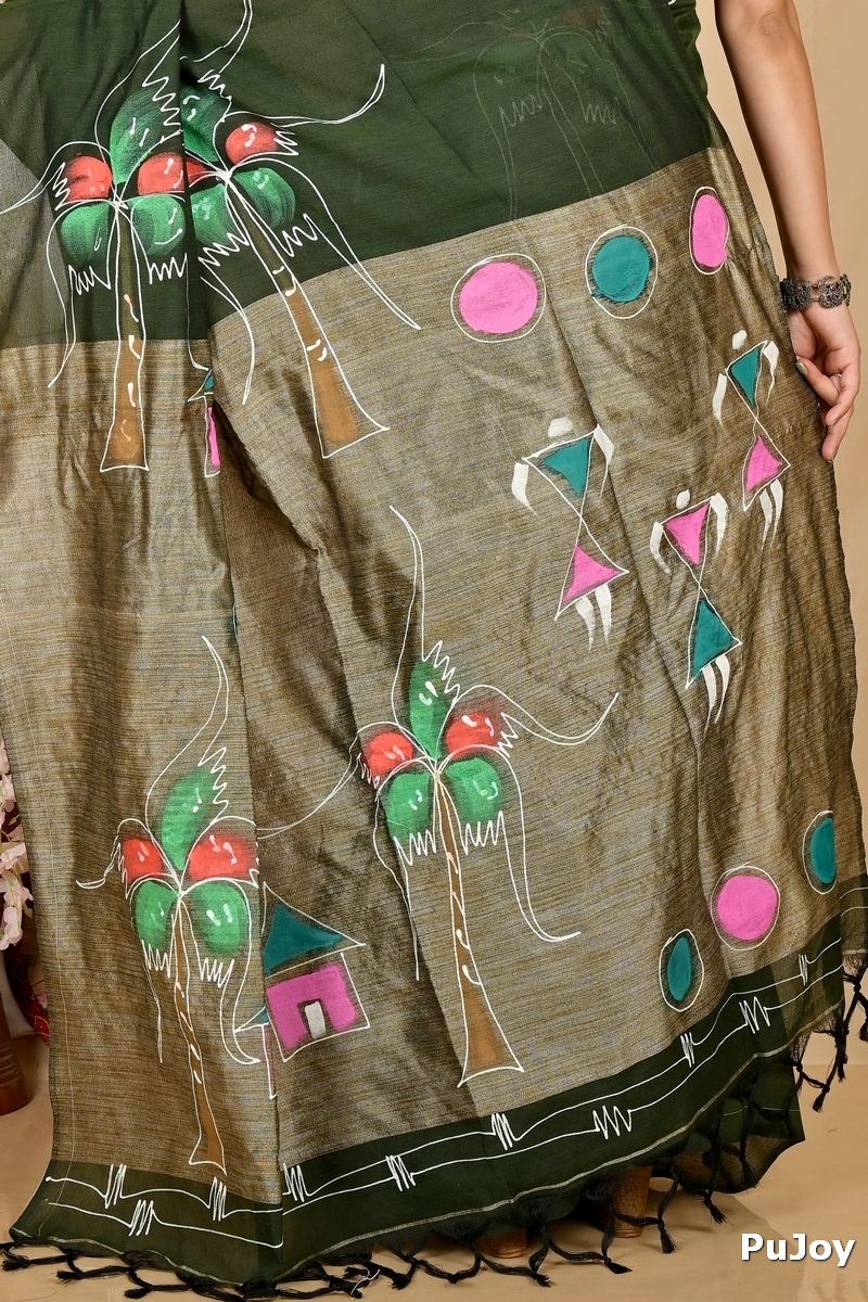 Dark Green Pure Cotton Keshaka Hand Painted Saree (1988)