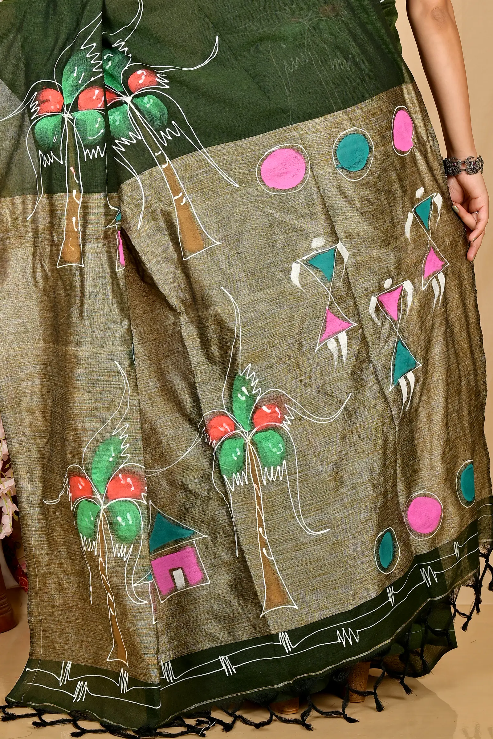 Dark Green Pure Cotton Keshaka Hand Painted Saree (1988)