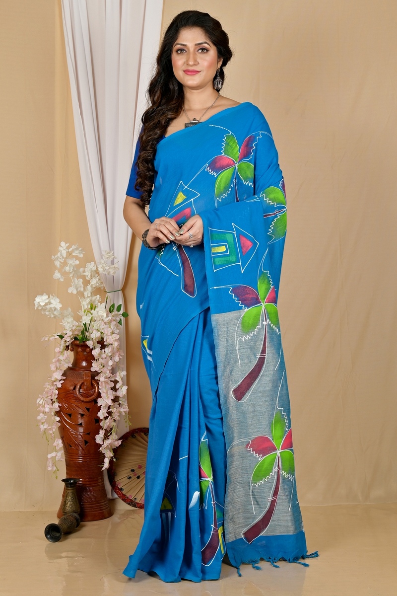 Sky Blue Pure Cotton Keshaka Hand Painted Saree (1989)