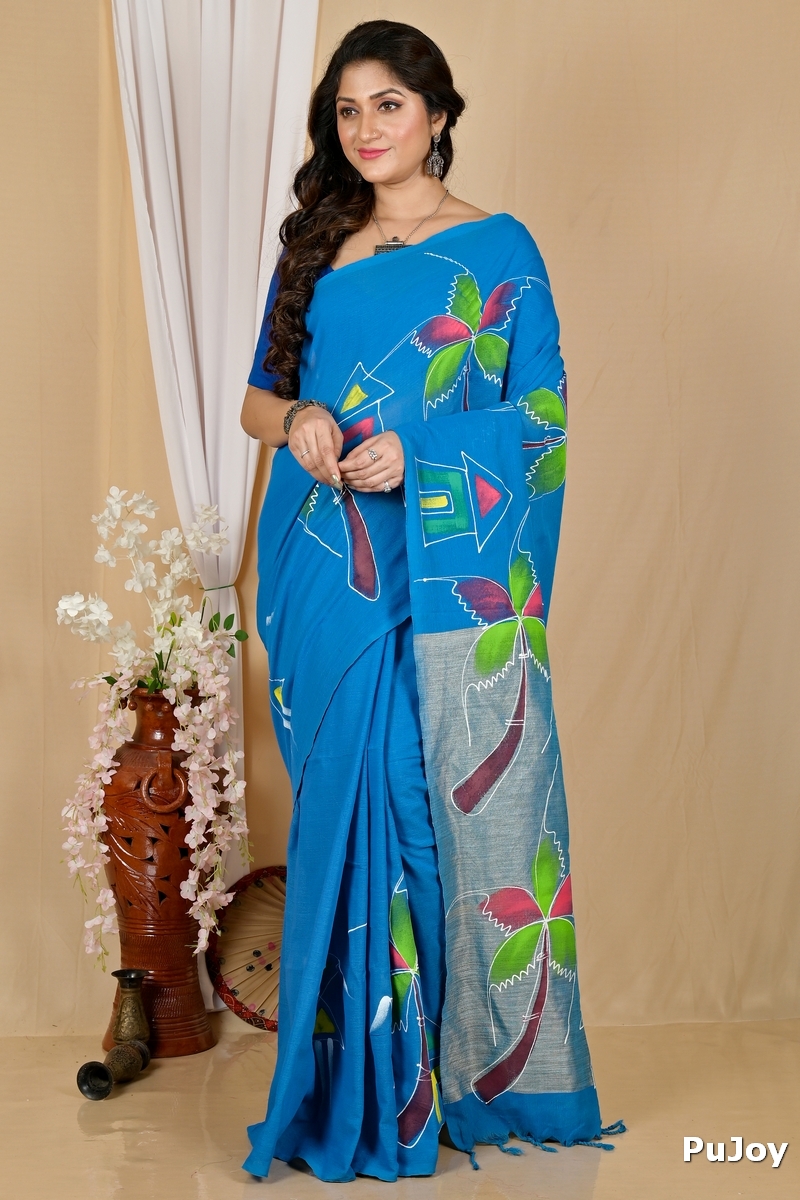Sky Blue Pure Cotton Keshaka Hand Painted Saree (1989)