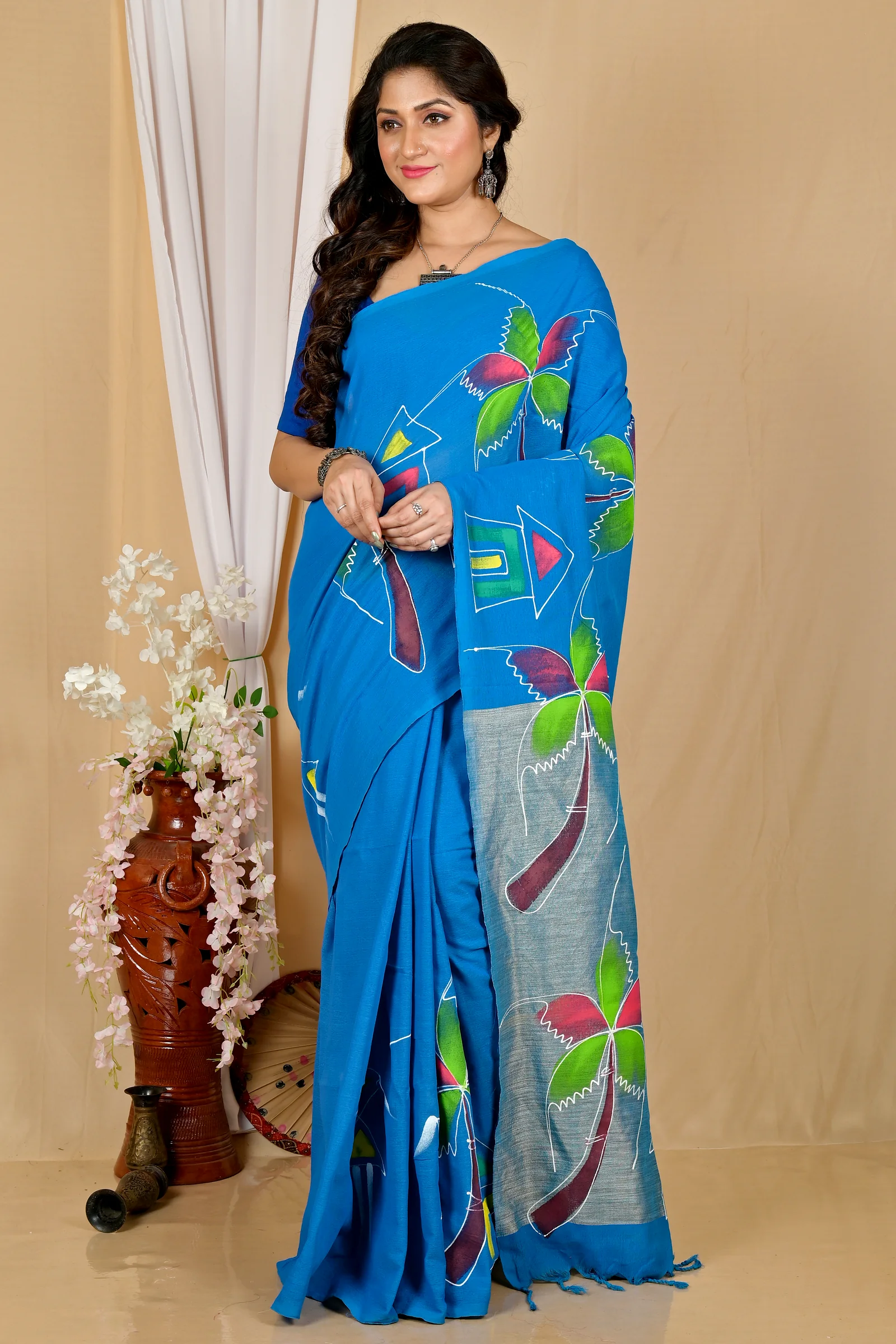 Sky Blue Pure Cotton Keshaka Hand Painted Saree (1989)