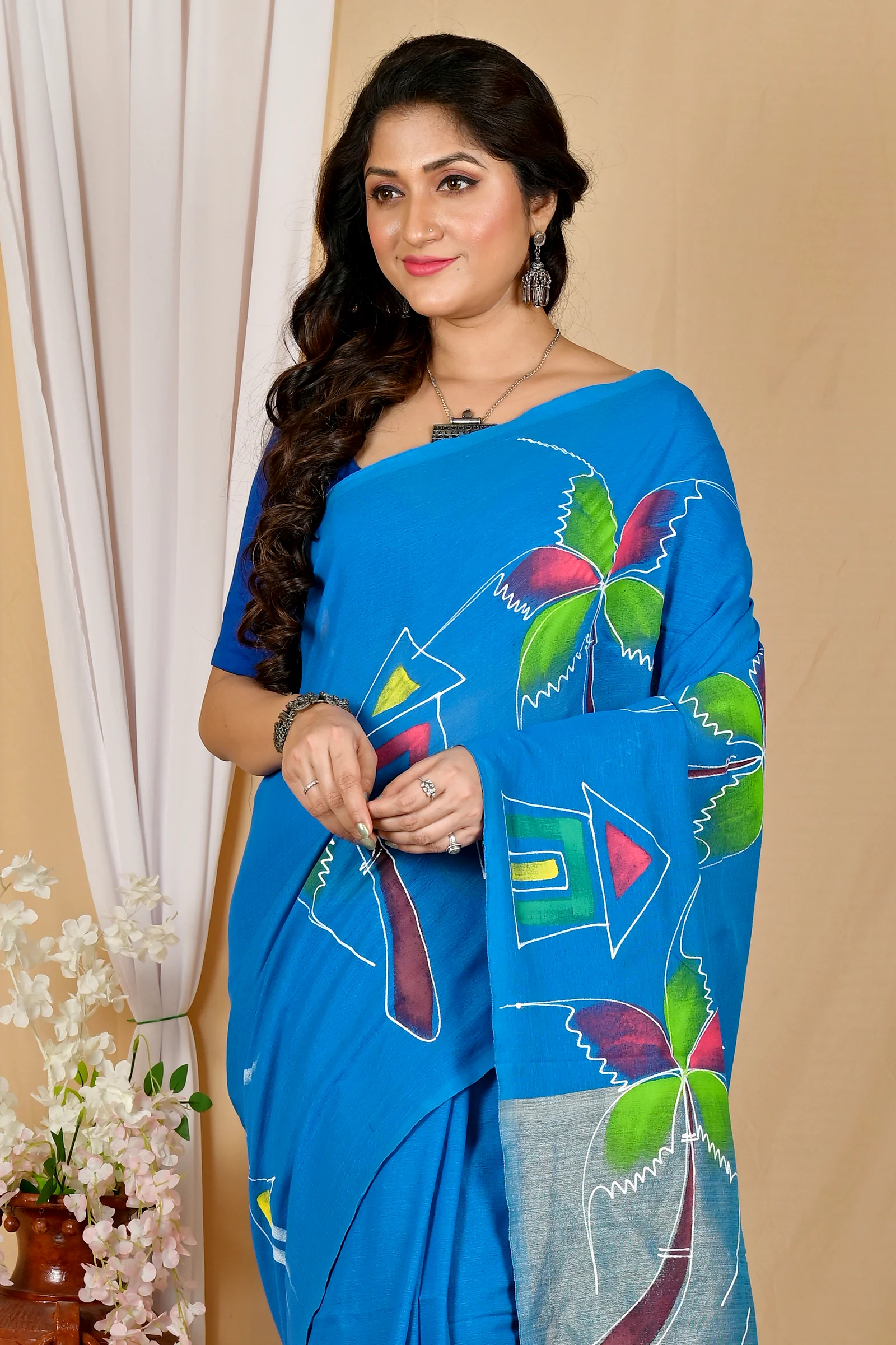 Sky Blue Pure Cotton Keshaka Hand Painted Saree (1989)