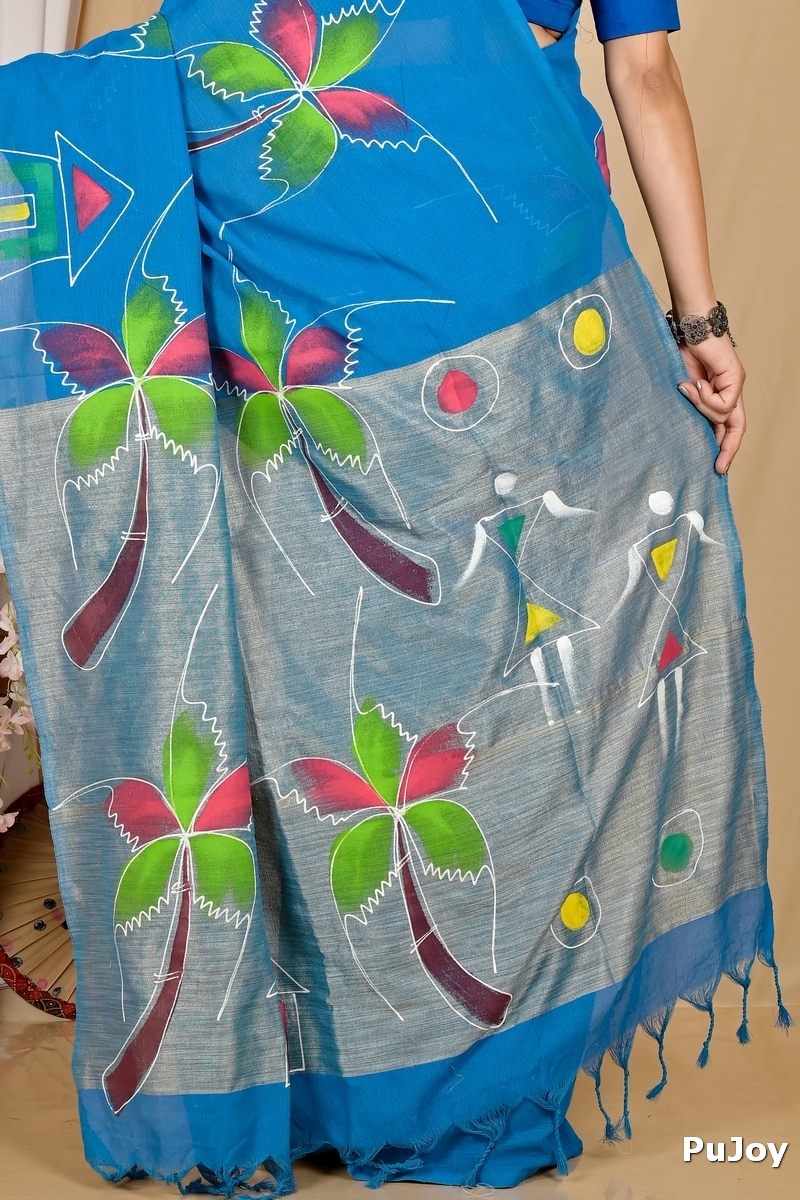 Sky Blue Pure Cotton Keshaka Hand Painted Saree (1989)