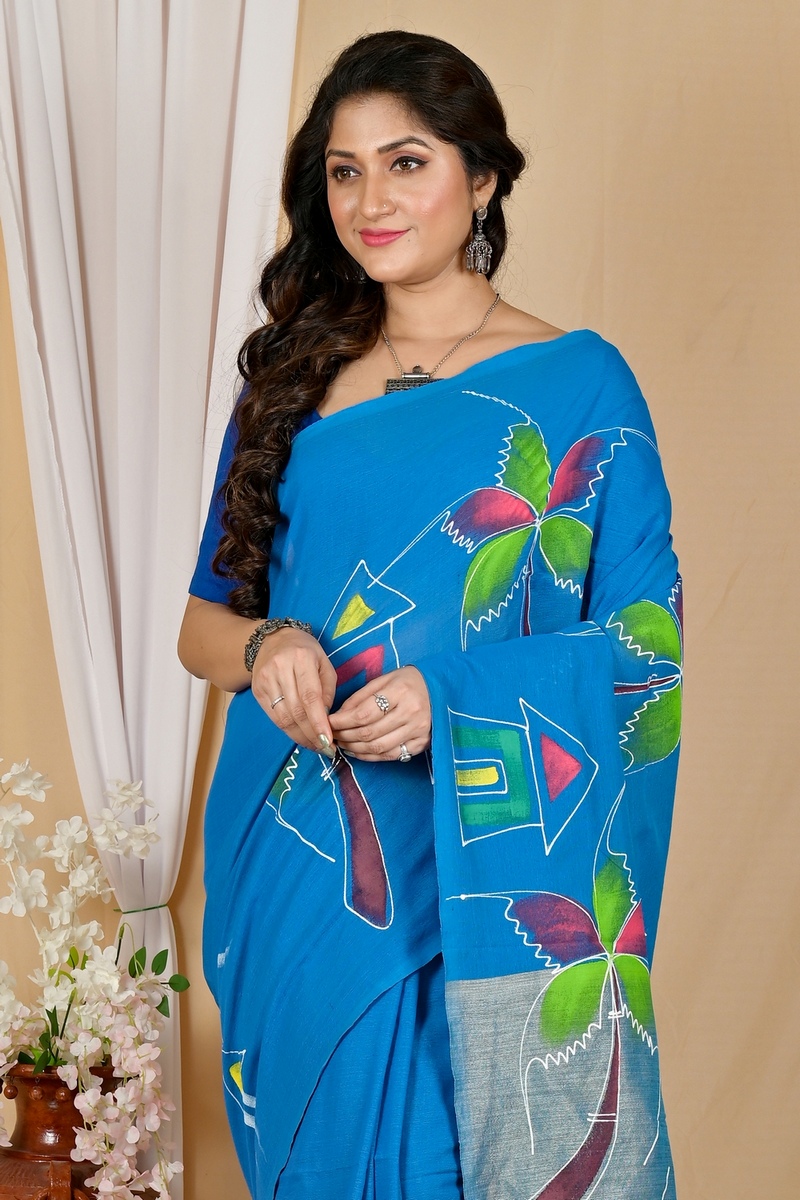 Sky Blue Pure Cotton Keshaka Hand Painted Saree (1989)