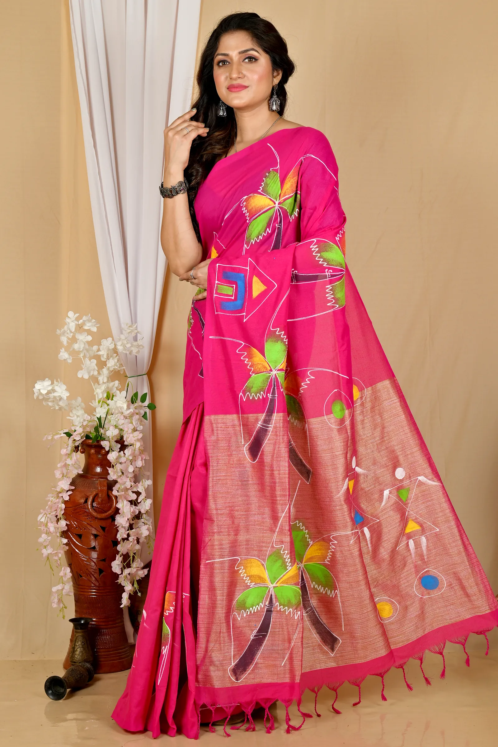 Pink Pure Cotton Keshaka Hand Painted Saree (1990)