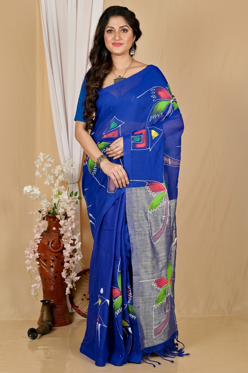 Dark Blue Pure Cotton Keshaka Hand Painted Saree (1991)