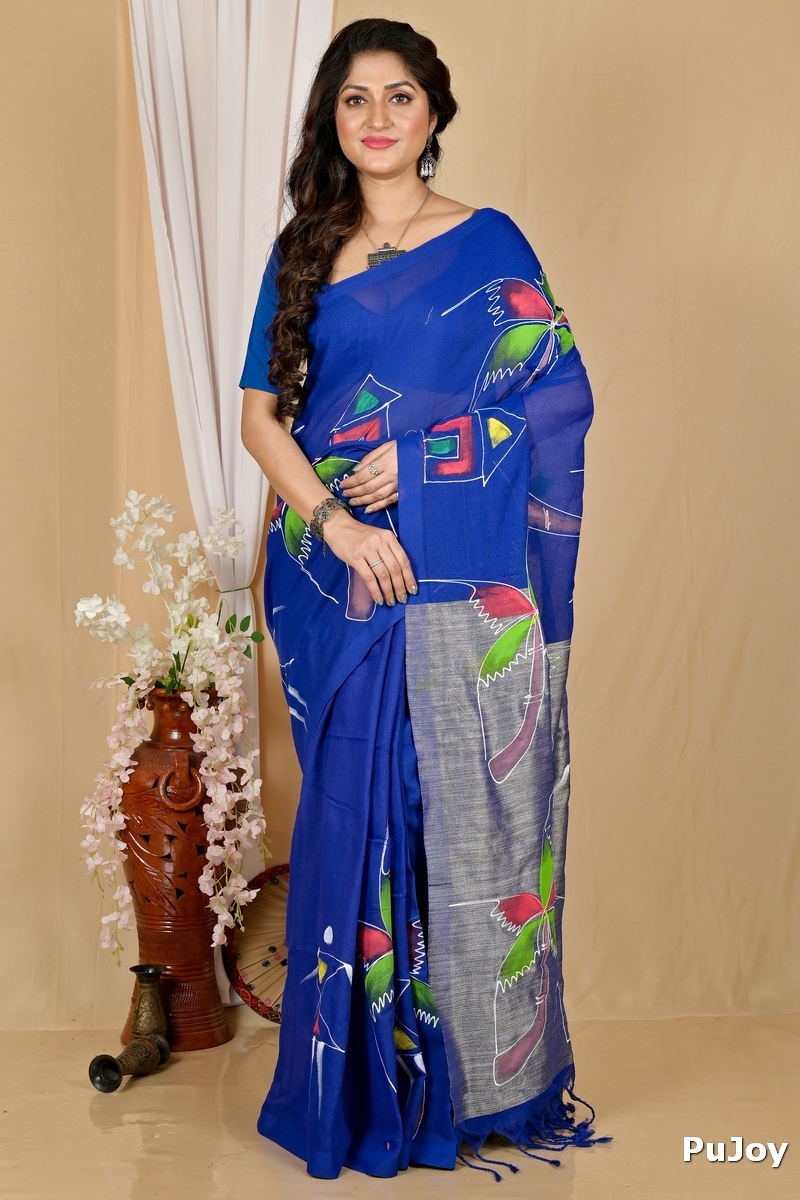 Dark Blue Pure Cotton Keshaka Hand Painted Saree (1991)