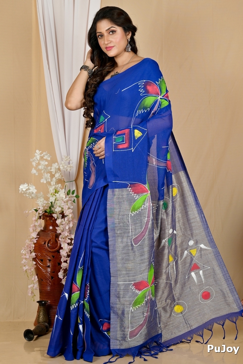 Dark Blue Pure Cotton Keshaka Hand Painted Saree (1991)