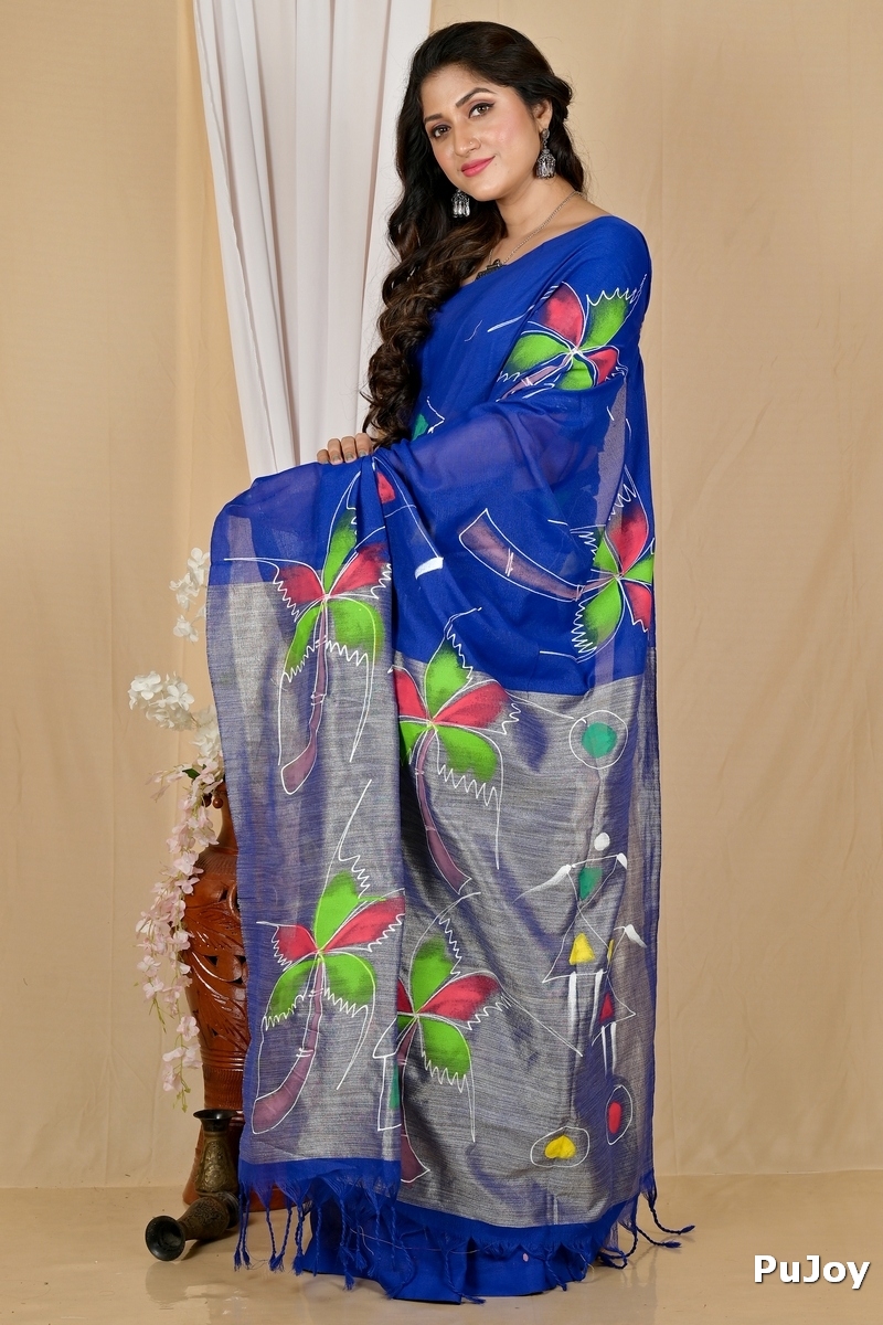 Dark Blue Pure Cotton Keshaka Hand Painted Saree (1991)