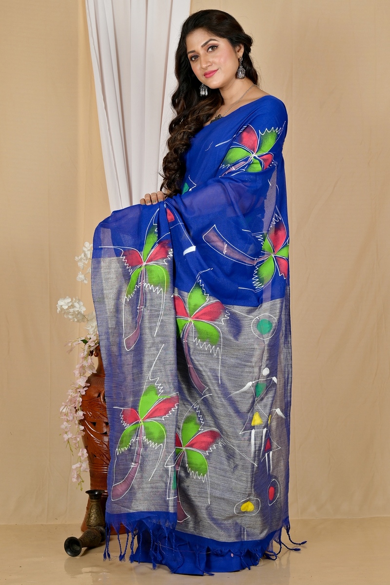 Dark Blue Pure Cotton Keshaka Hand Painted Saree (1991)