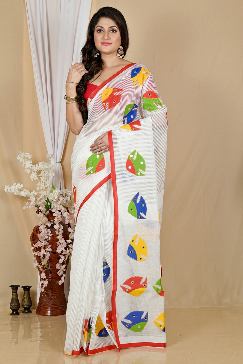 White Blended Cotton Aplika Applique Saree (1992)