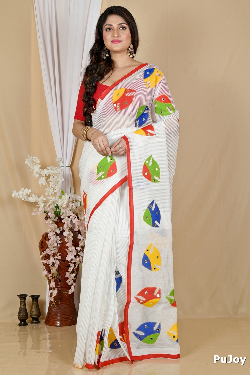 White Blended Cotton Aplika Applique Saree (1992)