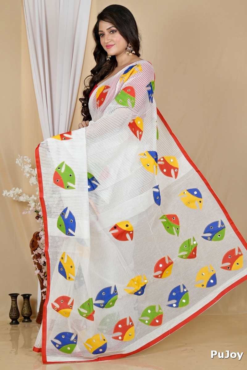 White Blended Cotton Aplika Applique Saree (1992)