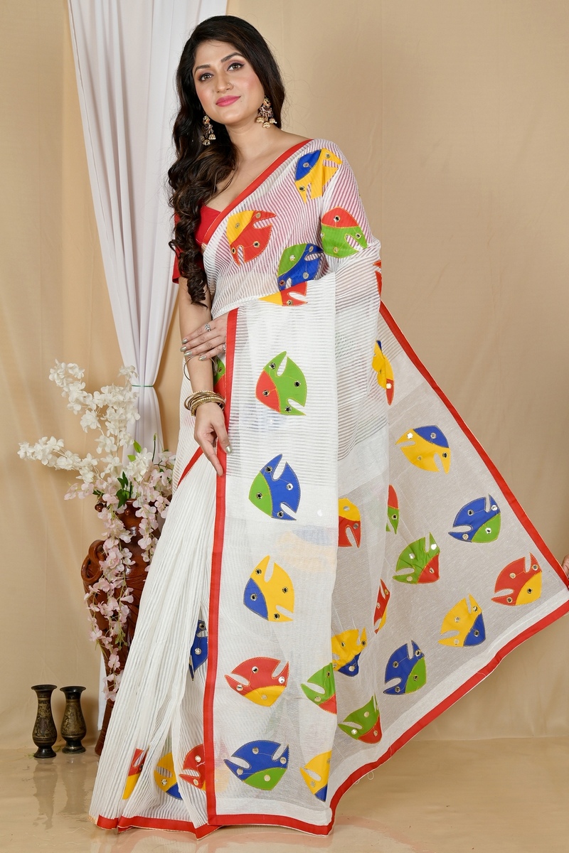 White Blended Cotton Aplika Applique Saree (1992)