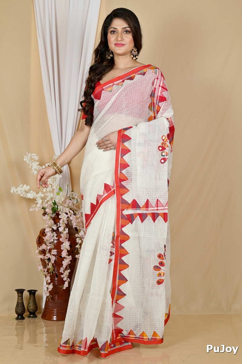 White Red Blended Cotton Aplika Applique Saree (1993)