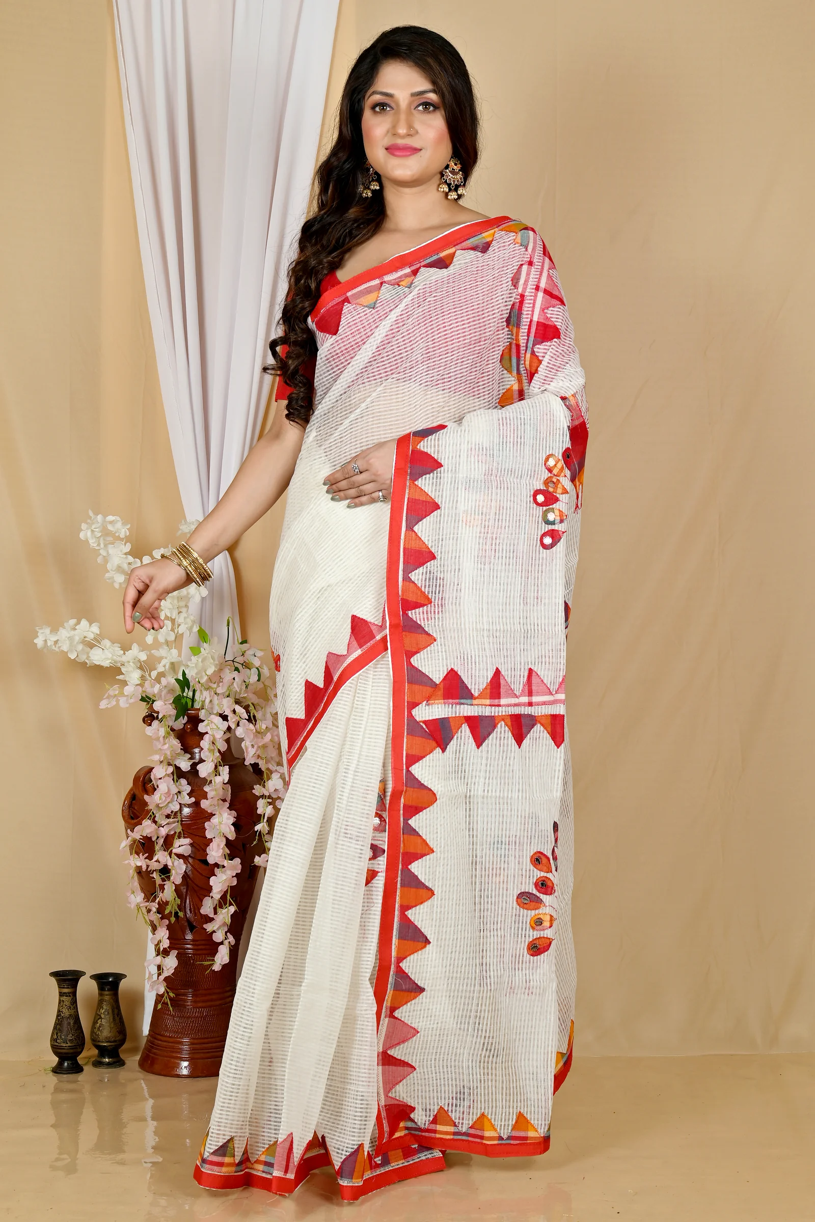 White Red Blended Cotton Aplika Applique Saree (1993)