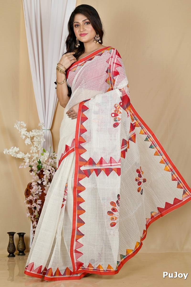White Red Blended Cotton Aplika Applique Saree (1993)