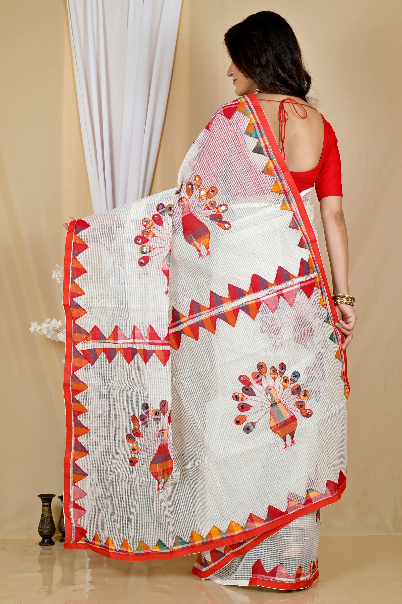 White Red Blended Cotton Aplika Applique Saree (1993)